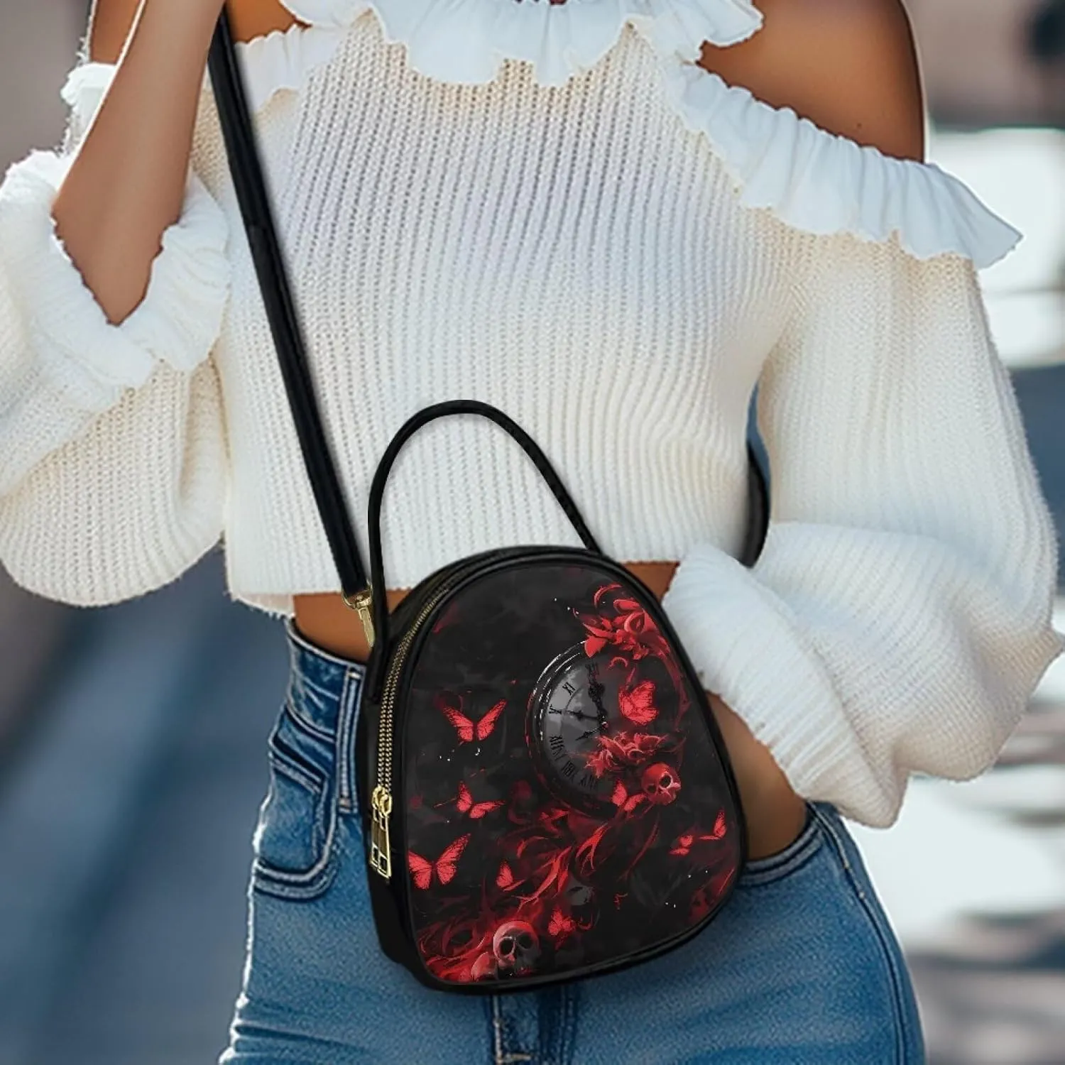 Gothic Small Crossbody Bags for Women, Mini PU Leather Cell Phone Purse Zip Shoulder Handbags Adjustable Straps
