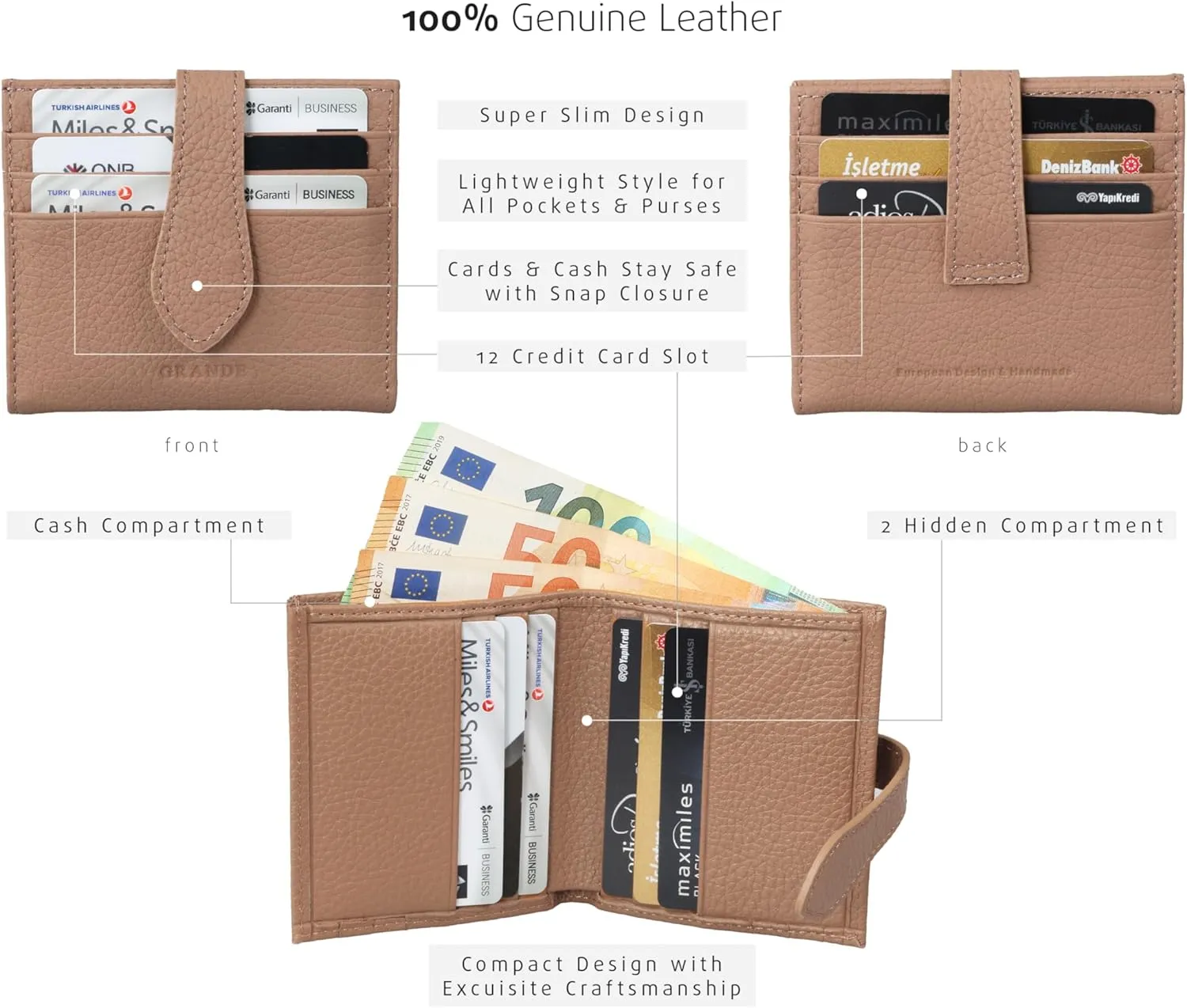 grande 3803 Genuine Leather Card Holder For Women and Men Slim Minimalist Card Case Small Snap Wallet (Cookie)