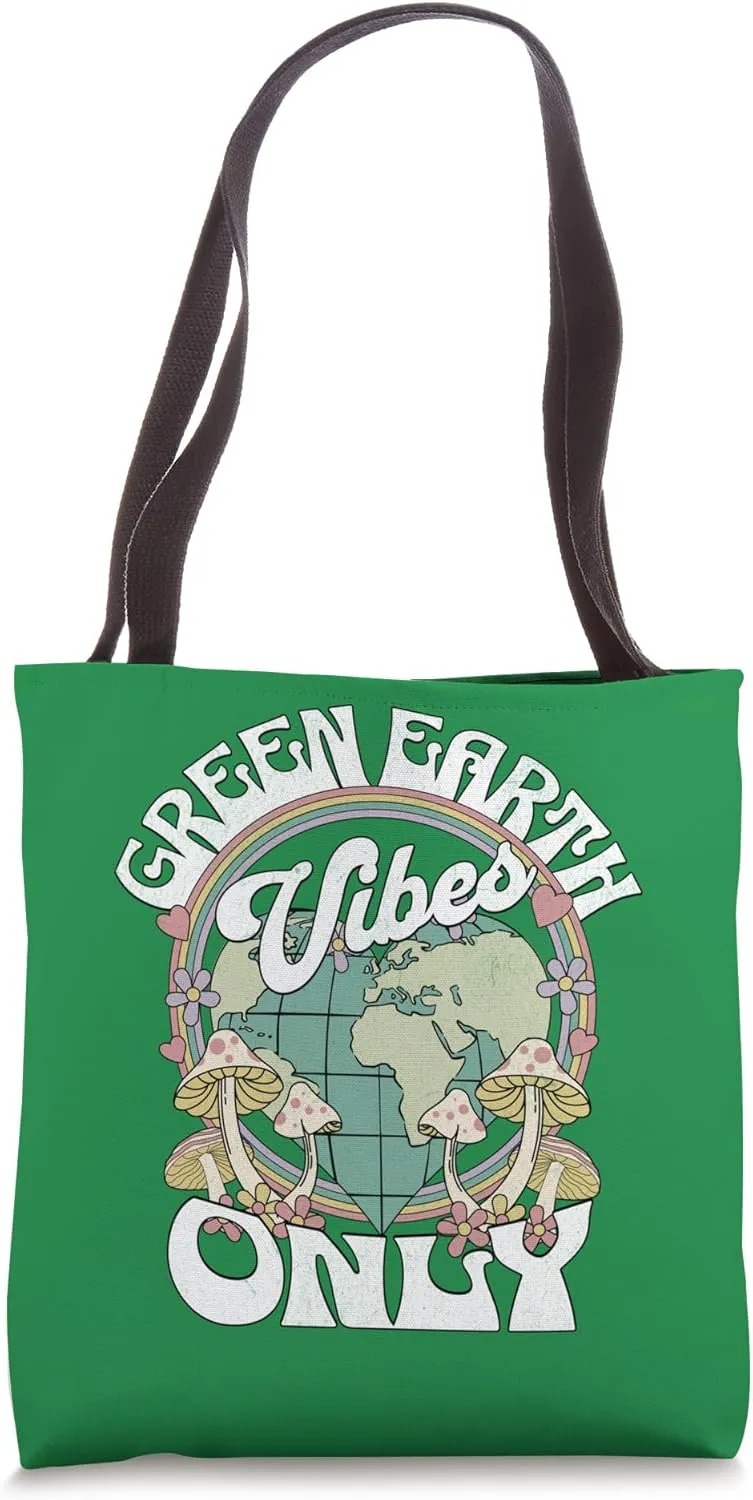 Green Earth Vibes Only Retro Groovy 70's Aesthetic Eco Tote Bag