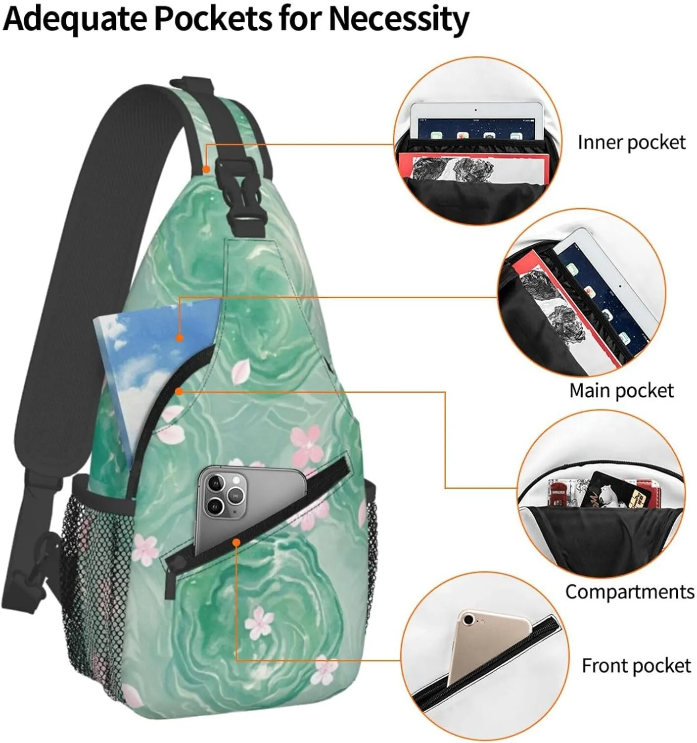 Green Emerald Marble Falling Cherry Petals Crossbody Bags Cross Chest Bag Adjustable Sling Backpack for Women Men