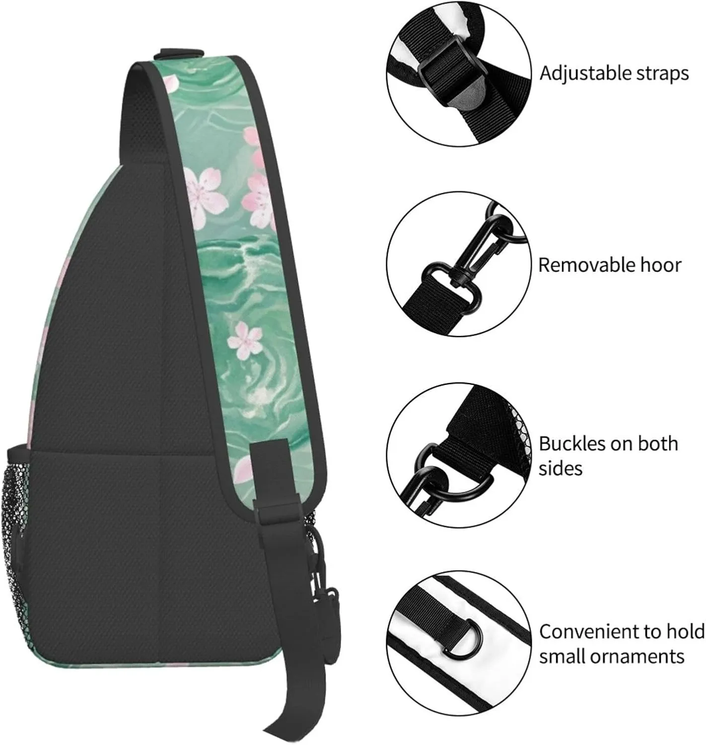 Green Emerald Marble Falling Cherry Petals Crossbody Bags Cross Chest Bag Adjustable Sling Backpack for Women Men