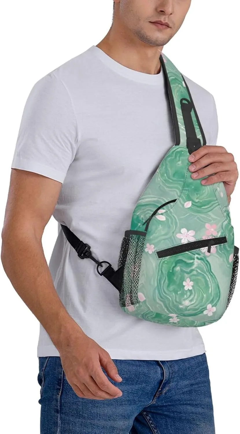 Green Emerald Marble Falling Cherry Petals Crossbody Bags Cross Chest Bag Adjustable Sling Backpack for Women Men