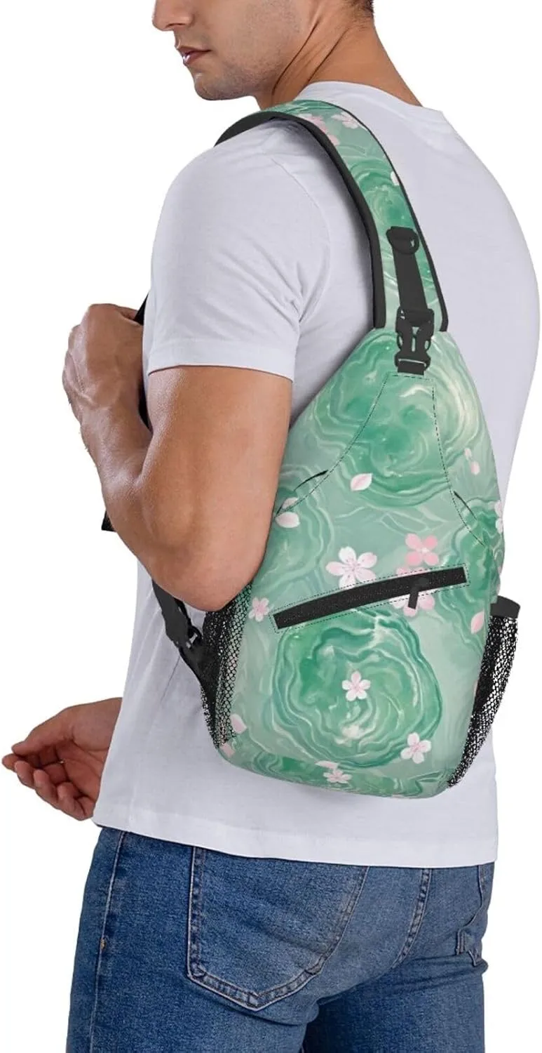 Green Emerald Marble Falling Cherry Petals Crossbody Bags Cross Chest Bag Adjustable Sling Backpack for Women Men