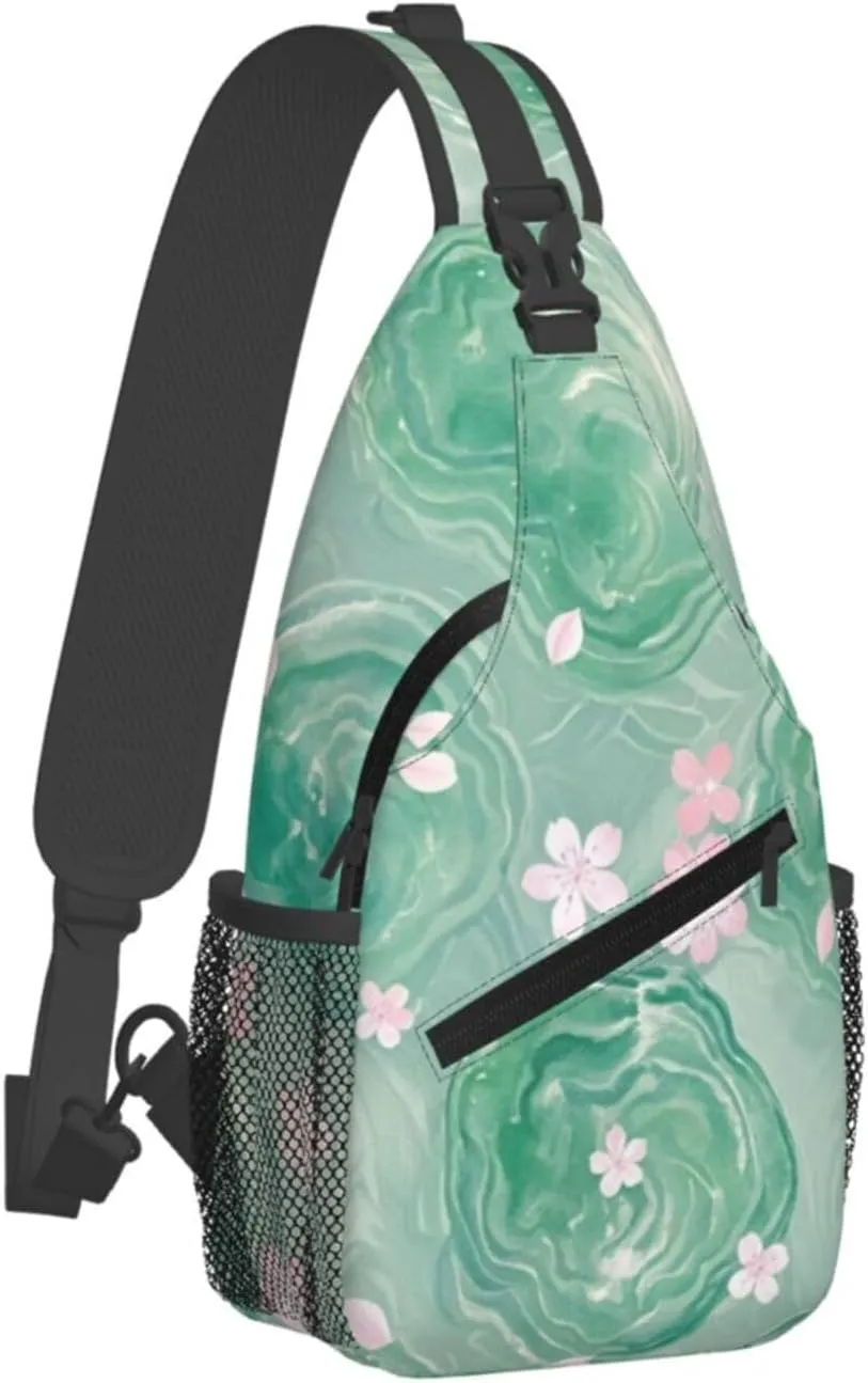 Green Emerald Marble Falling Cherry Petals Crossbody Bags Cross Chest Bag Adjustable Sling Backpack for Women Men
