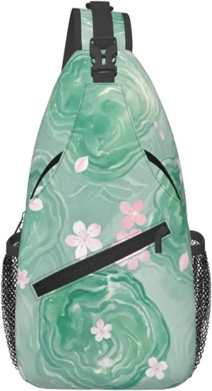 Green Emerald Marble Falling Cherry Petals Crossbody Bags Cross Chest Bag Adjustable Sling Backpack for Women Men