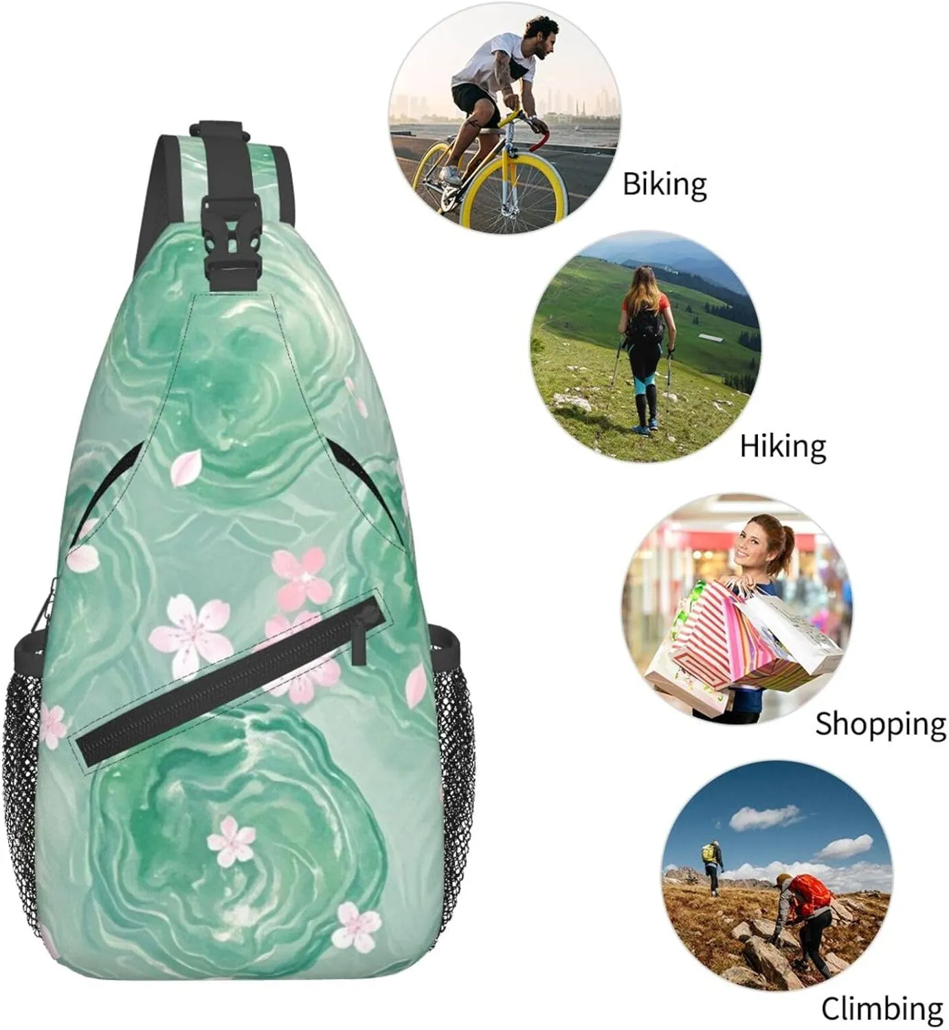 Green Emerald Marble Falling Cherry Petals Crossbody Bags Cross Chest Bag Adjustable Sling Backpack for Women Men