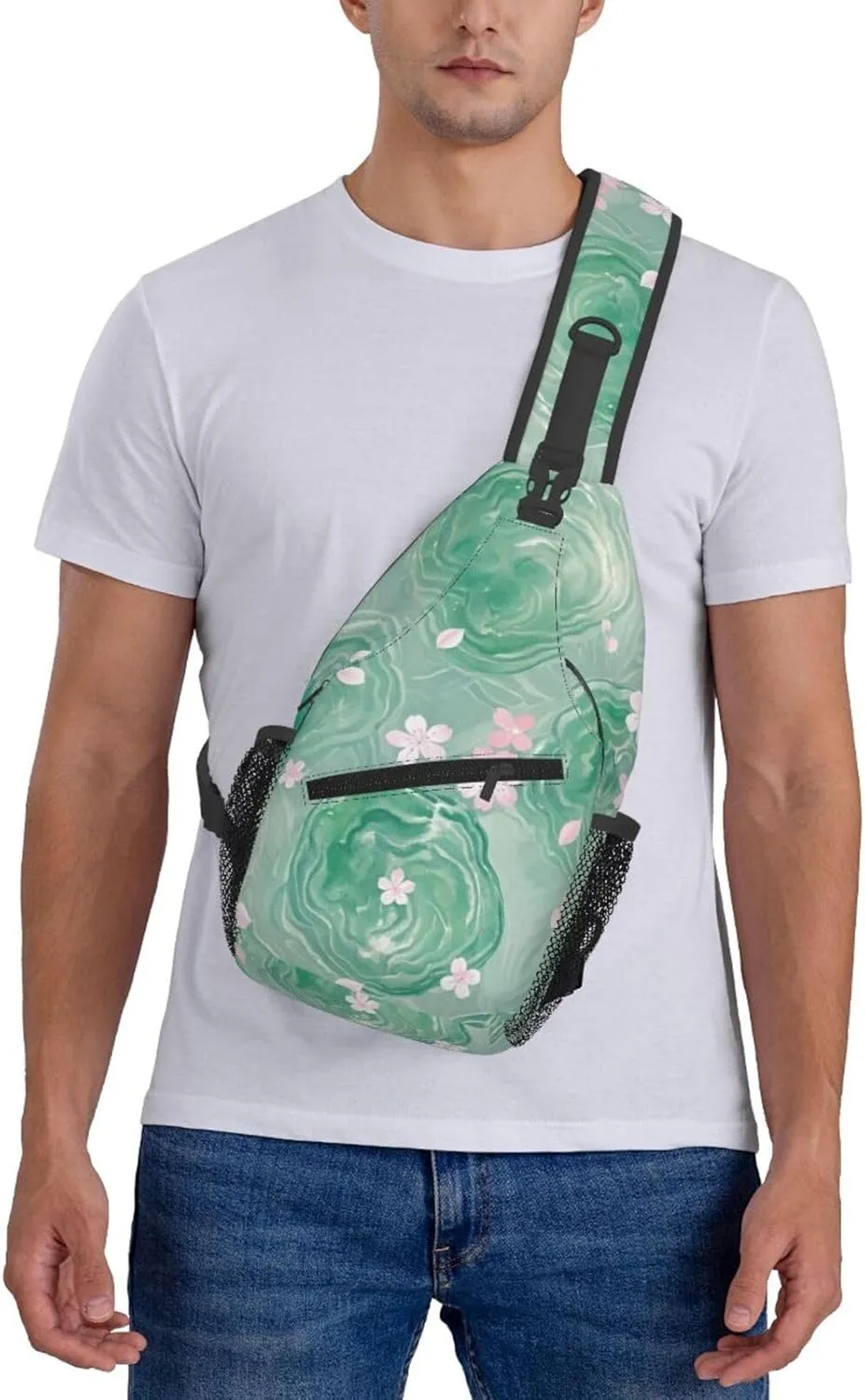 Green Emerald Marble Falling Cherry Petals Crossbody Bags Cross Chest Bag Adjustable Sling Backpack for Women Men