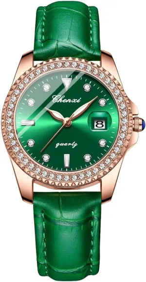 Green Luxury Ladies Watch Iced Out Watch with Quartz Movement Crystal Rhinestone Diamond Leather Strap Watches for Women Wristwatch