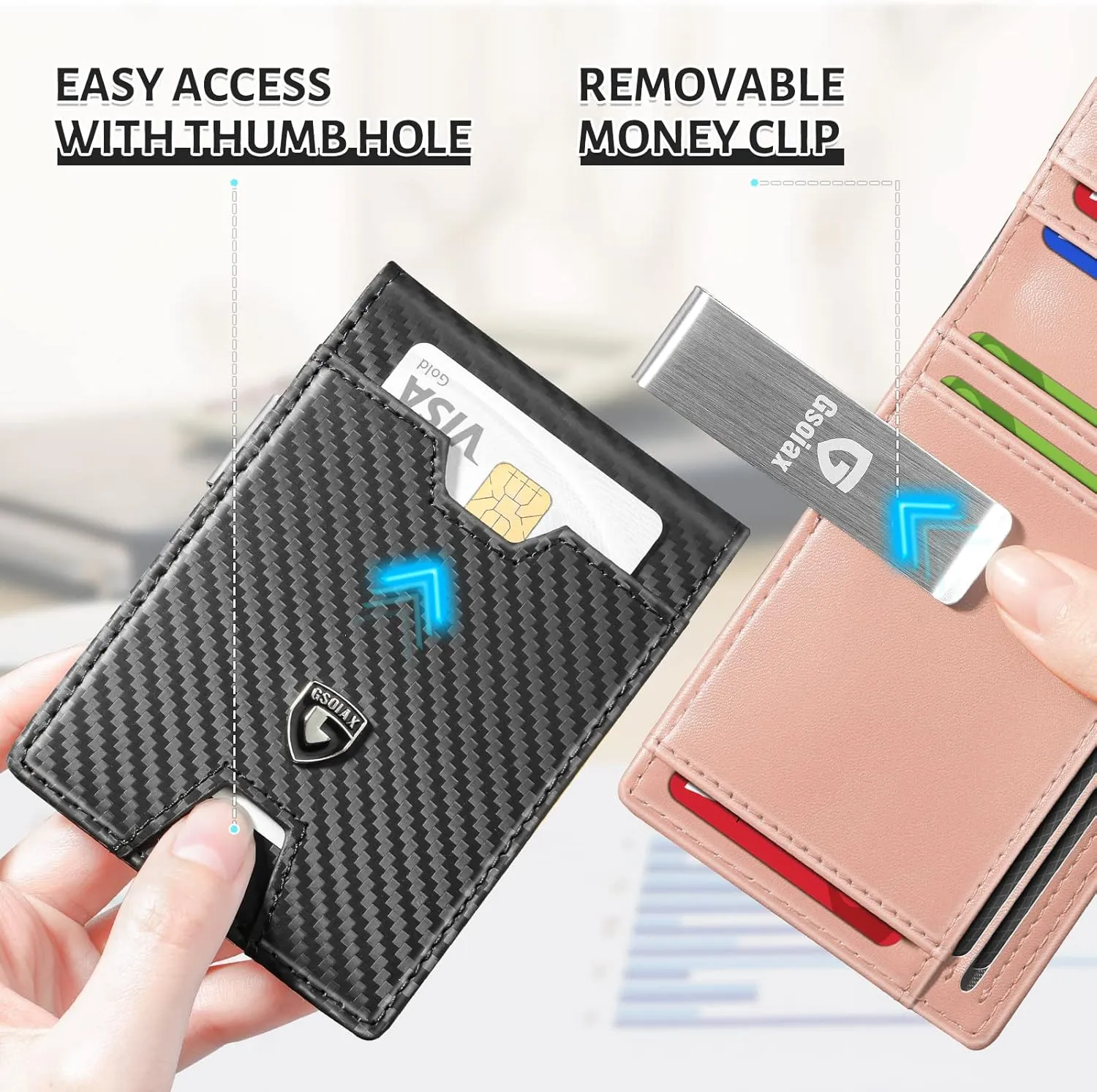 GSOIAX Men's Slim RFID Blocking Leather Wallet with Money Clip Minimalist Carbon Fiber Bifold Credit Card Holder 11 Card Slots Gift Box Included(Carbon Pink)