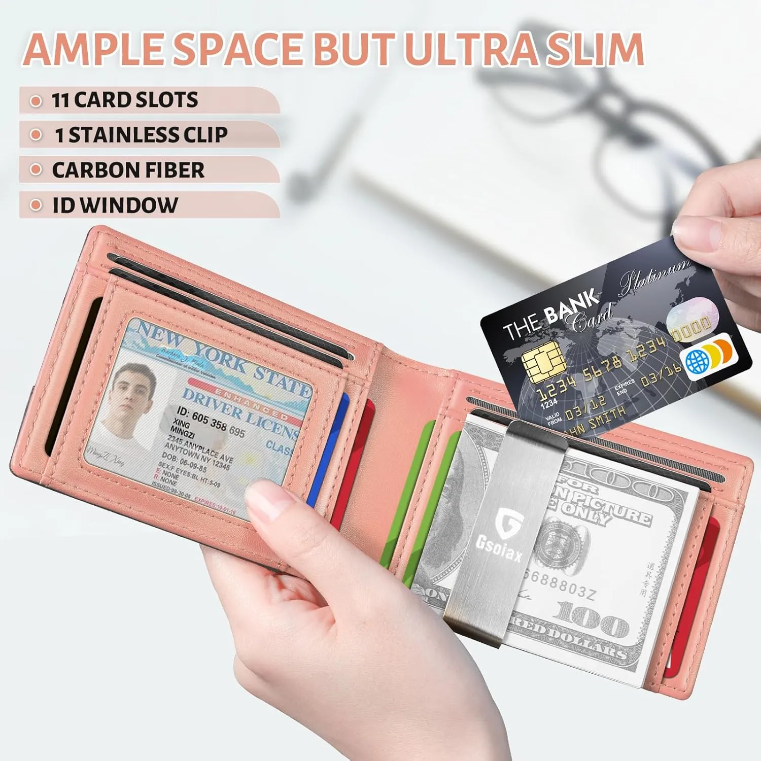 GSOIAX Men's Slim RFID Blocking Leather Wallet with Money Clip Minimalist Carbon Fiber Bifold Credit Card Holder 11 Card Slots Gift Box Included(Carbon Pink)