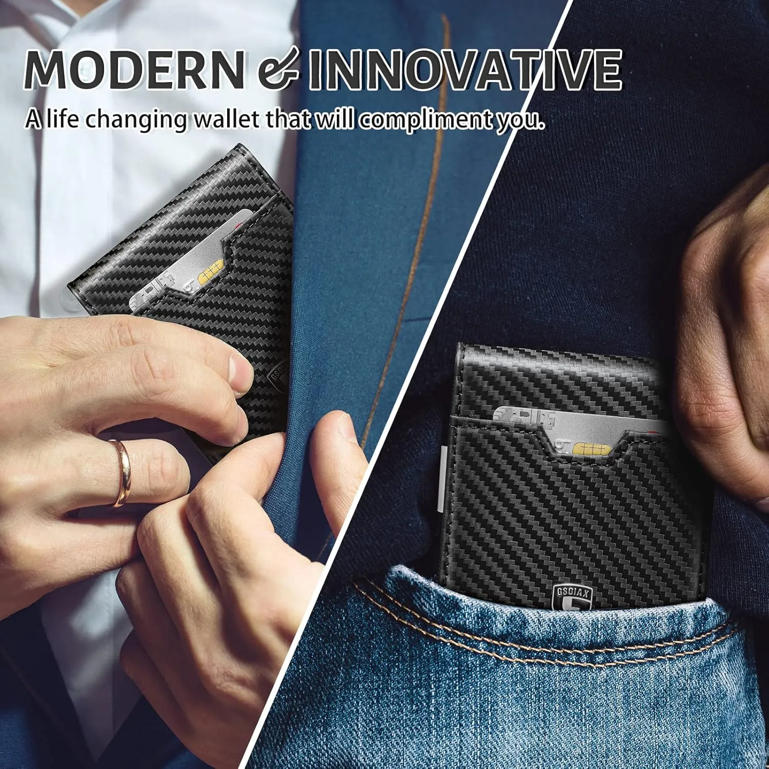 GSOIAX Men's Slim RFID Blocking Leather Wallet with Money Clip Minimalist Carbon Fiber Bifold Credit Card Holder 11 Card Slots Gift Box Included(Carbon Pink)