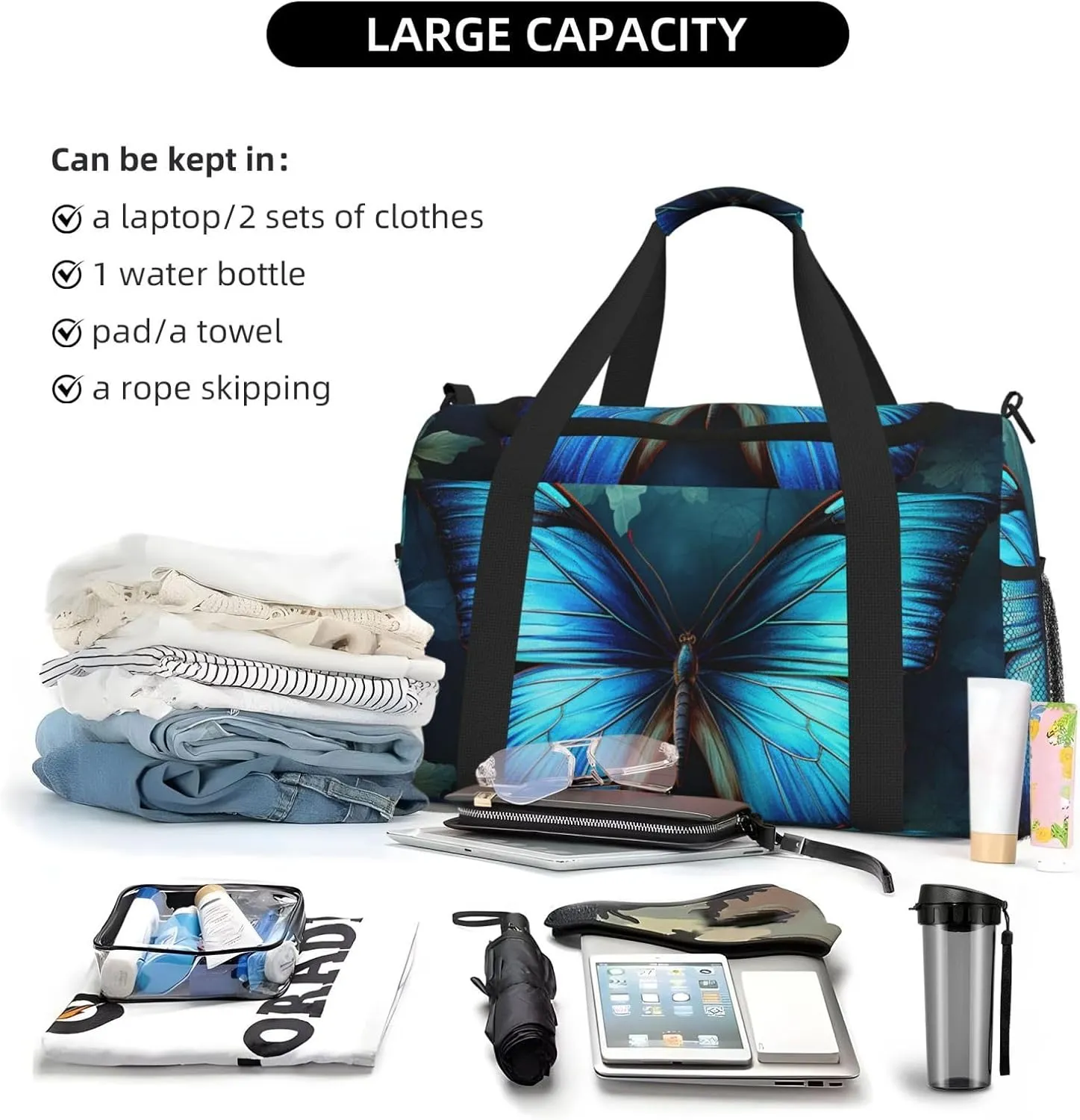 Gym Bag Blue Butterfly Pattern Duffel Bag for Men Women Travel Overnight Bag with Shoe Compartment Workout Bags