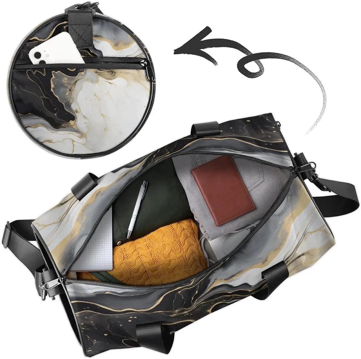 Gym Bags for Men Women Classic Marble Pattern Sports Duffel Bags Carry On Travel Duffle Bag with Detachable Adjustable Shoulder Strap Overnight Weekender Bag