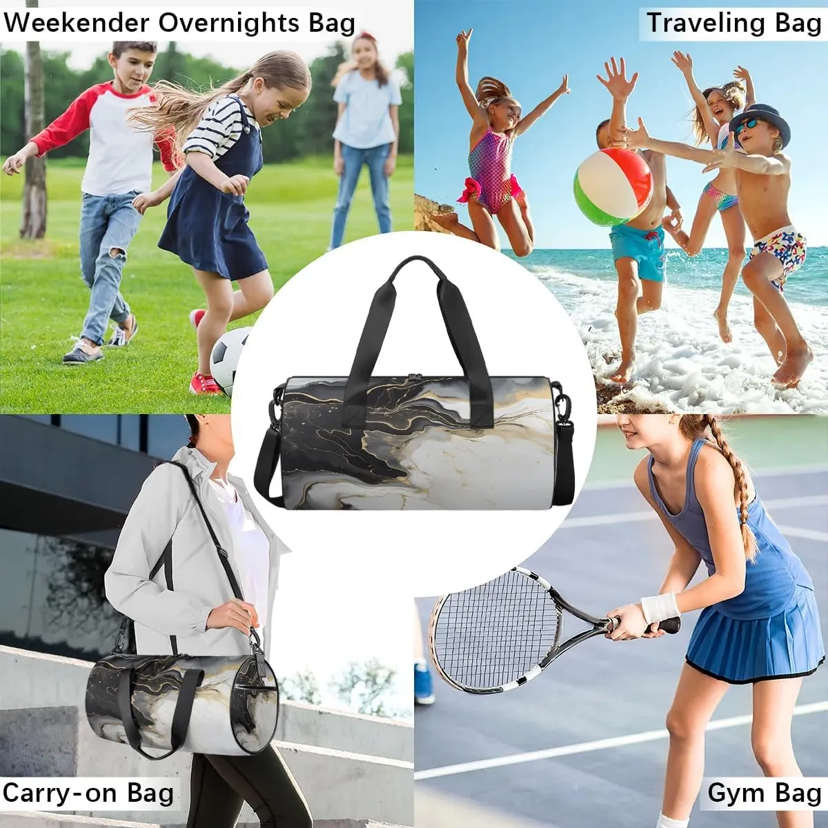 Gym Bags for Men Women Classic Marble Pattern Sports Duffel Bags Carry On Travel Duffle Bag with Detachable Adjustable Shoulder Strap Overnight Weekender Bag