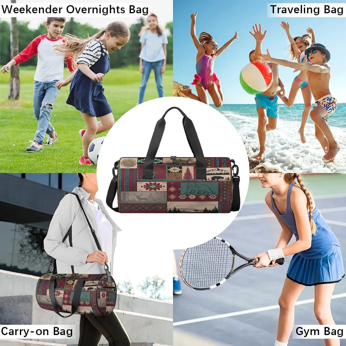 Gym Bags for Men Women Ethnic Boho Pattern Sports Duffel Bags Carry On Travel Duffle Bag with Detachable Adjustable Shoulder Strap Overnight Weekender Bag
