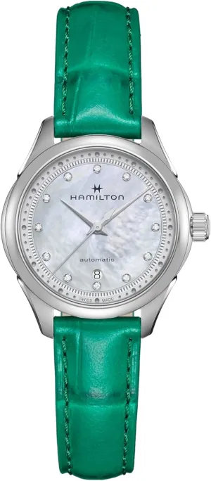 Hamilton Watch Jazzmaster Lady Auto | Swiss Made | 30mm Stainless Steel Case | Mother of Pearl Dial Analog Watch | Green Leather Strap (Model: H32275890)