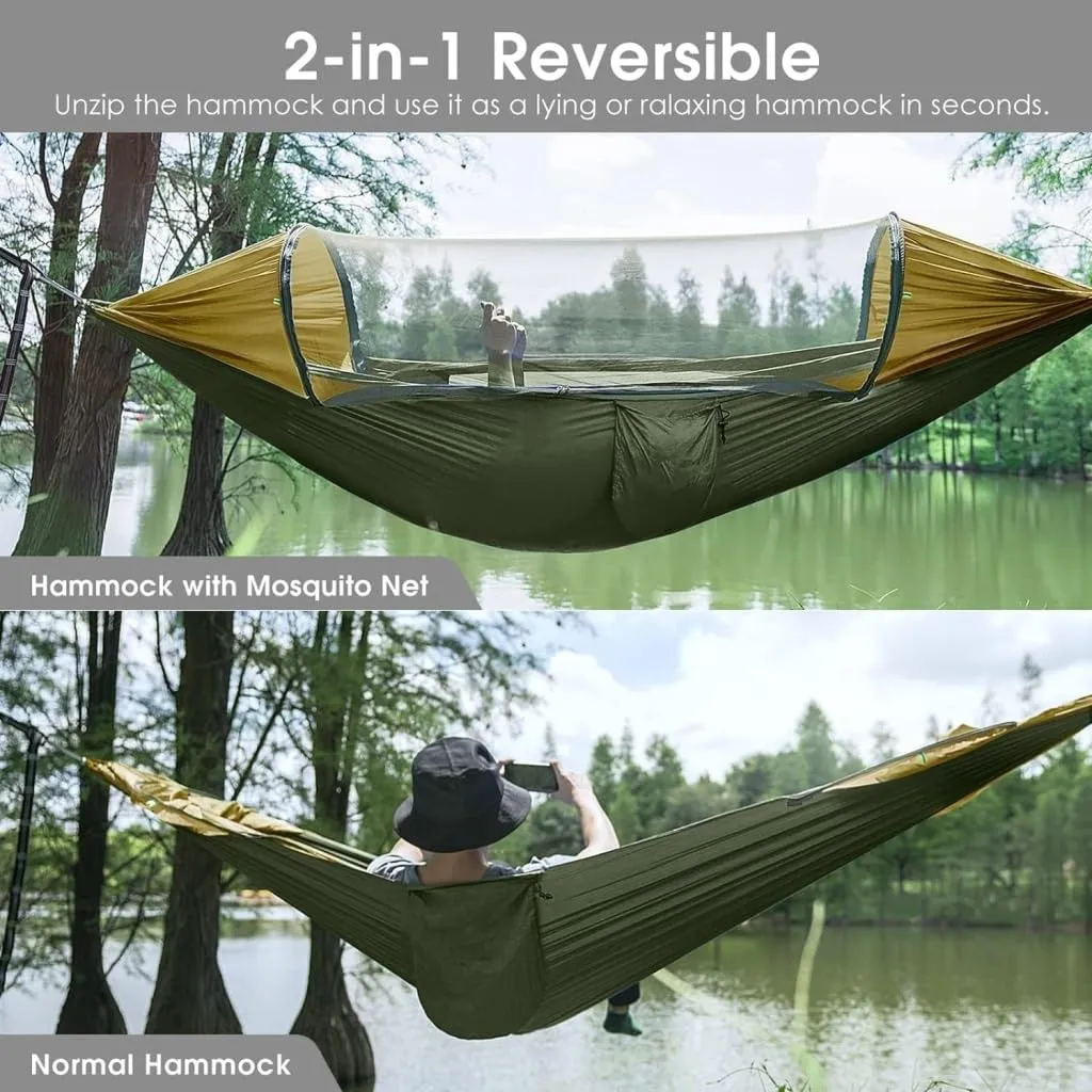 Hammock Automatic Quick-Opening Portable Mosquito Net Nylon Hammock Nylon Cloth Strut Outdoor Anti-Mosquito Hammock Hammocks for Outside(Green)