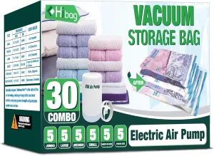 HIBAG Vacuum Storage Bags with Electric Pump, 30 Pack Vacuum Seal Space Saver Bag for Clothes, Clothing, Pillows, Blanket Bedding Comforters