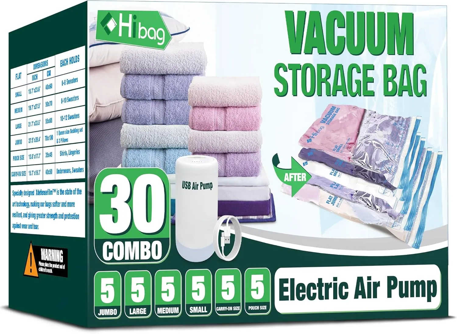 HIBAG Vacuum Storage Bags with Electric Pump, 30 Pack Vacuum Seal Space Saver Bag for Clothes, Clothing, Pillows, Blanket Bedding Comforters