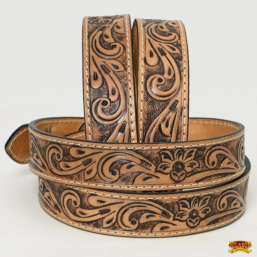HILASON Western Genuine Leather Belt for Men Women Cowboy Cowgirl Handmade Unisex Full Grain Heavy Duty Floral Tooled Belt