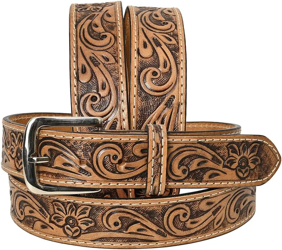 HILASON Western Genuine Leather Belt for Men Women Cowboy Cowgirl Handmade Unisex Full Grain Heavy Duty Floral Tooled Belt