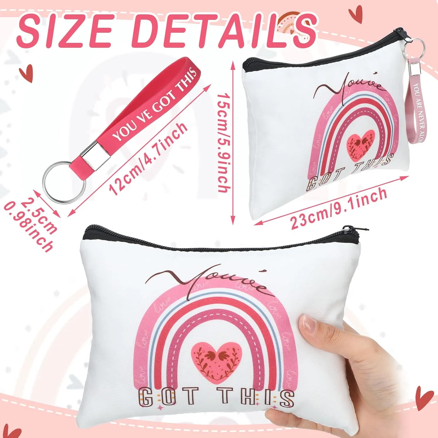Hillban 32 Pcs Canvas Cosmetic Bag Bulk with Inspirational Quote Keychains Women Canvas Makeup Bag Graduation Gift Travel Toiletry Coin Pouch for Graduation Mother's Day Birthday Party(Rainbow)