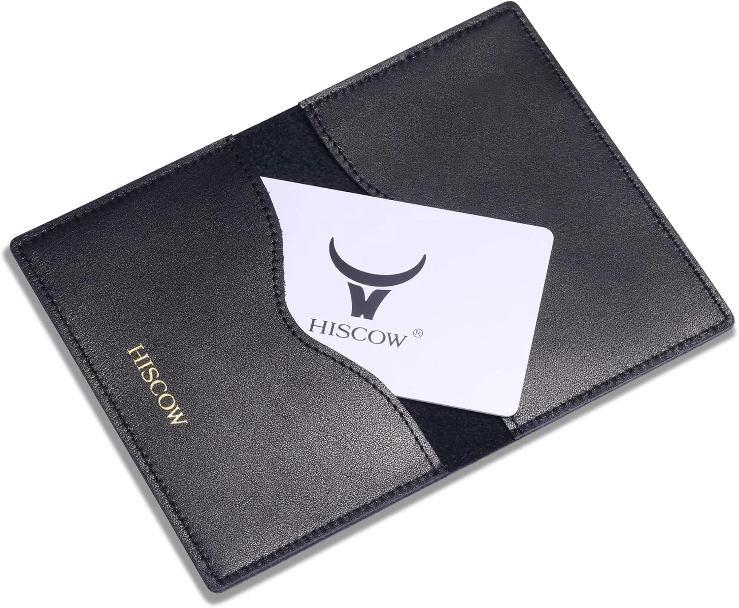 HISCOW Minimalist Thin Bifold Card Holder Italian Calfskin (Black, Gold logo), Small