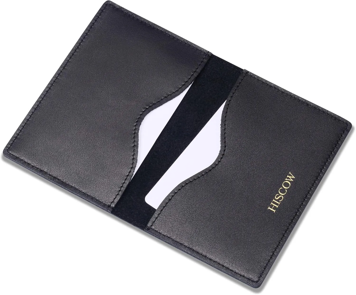 HISCOW Minimalist Thin Bifold Card Holder Italian Calfskin (Black, Gold logo), Small