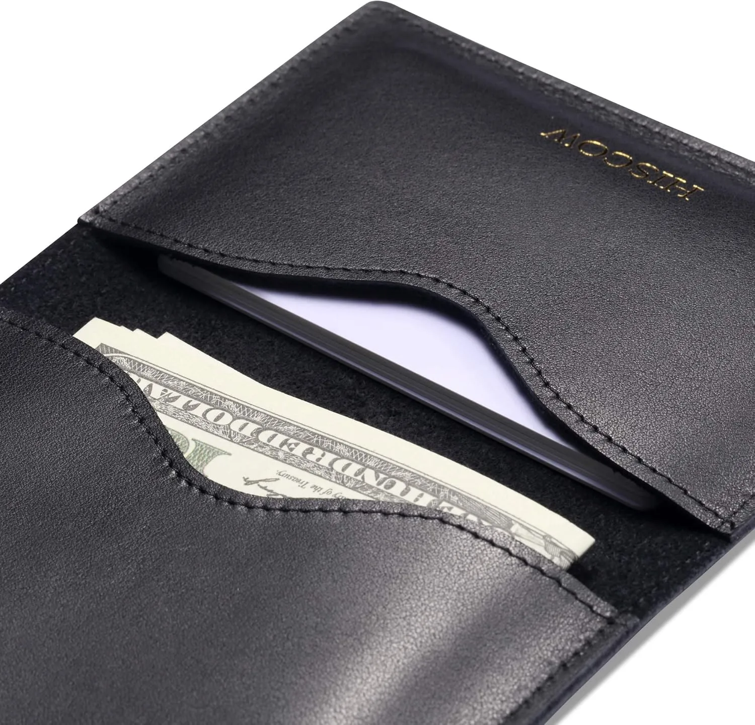 HISCOW Minimalist Thin Bifold Card Holder Italian Calfskin (Black, Gold logo), Small