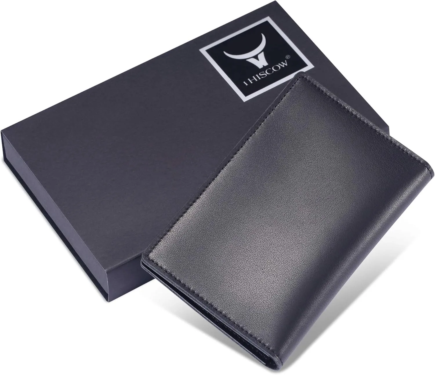 HISCOW Minimalist Thin Bifold Card Holder Italian Calfskin (Black, Gold logo), Small