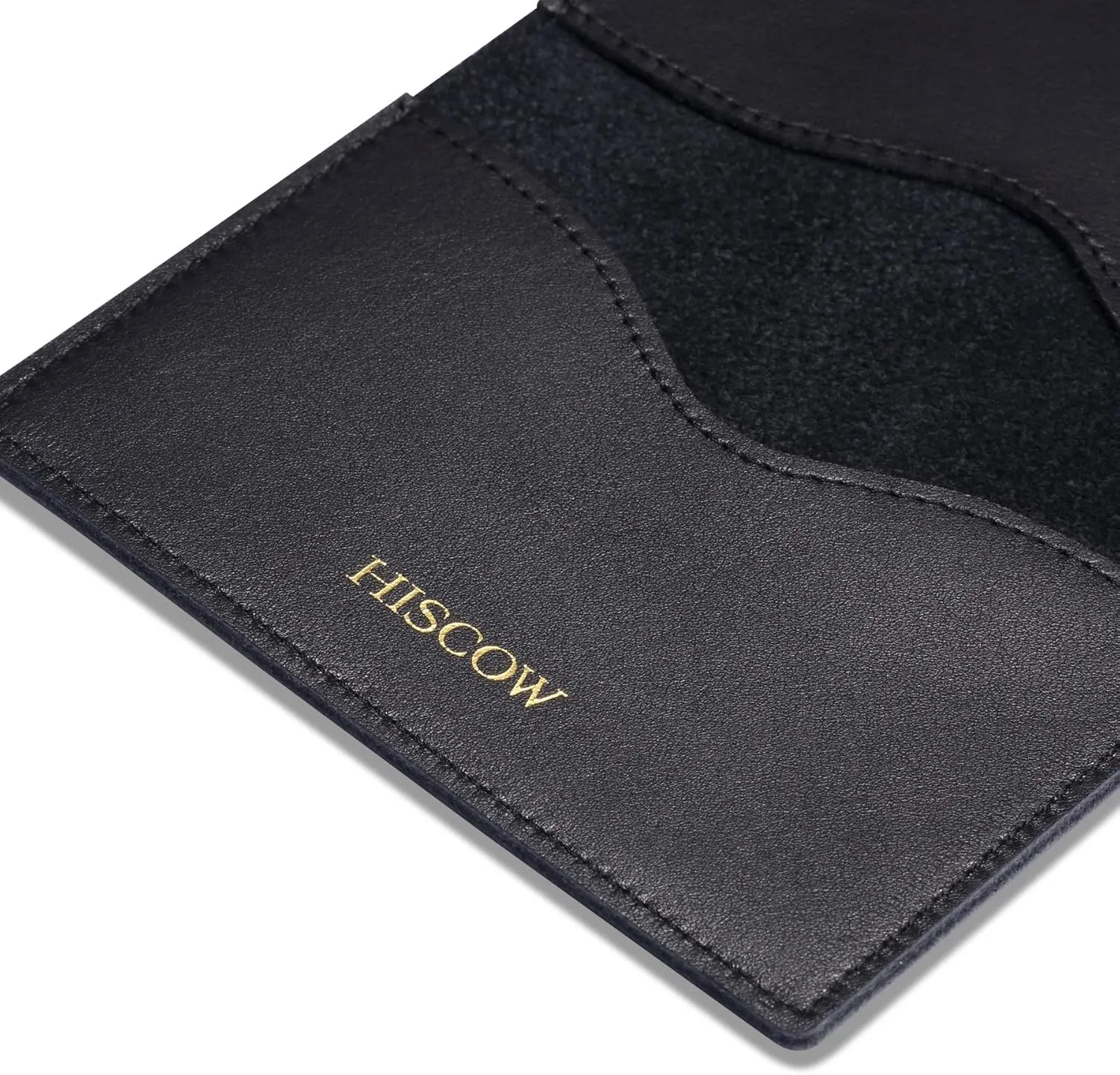 HISCOW Minimalist Thin Bifold Card Holder Italian Calfskin (Black, Gold logo), Small