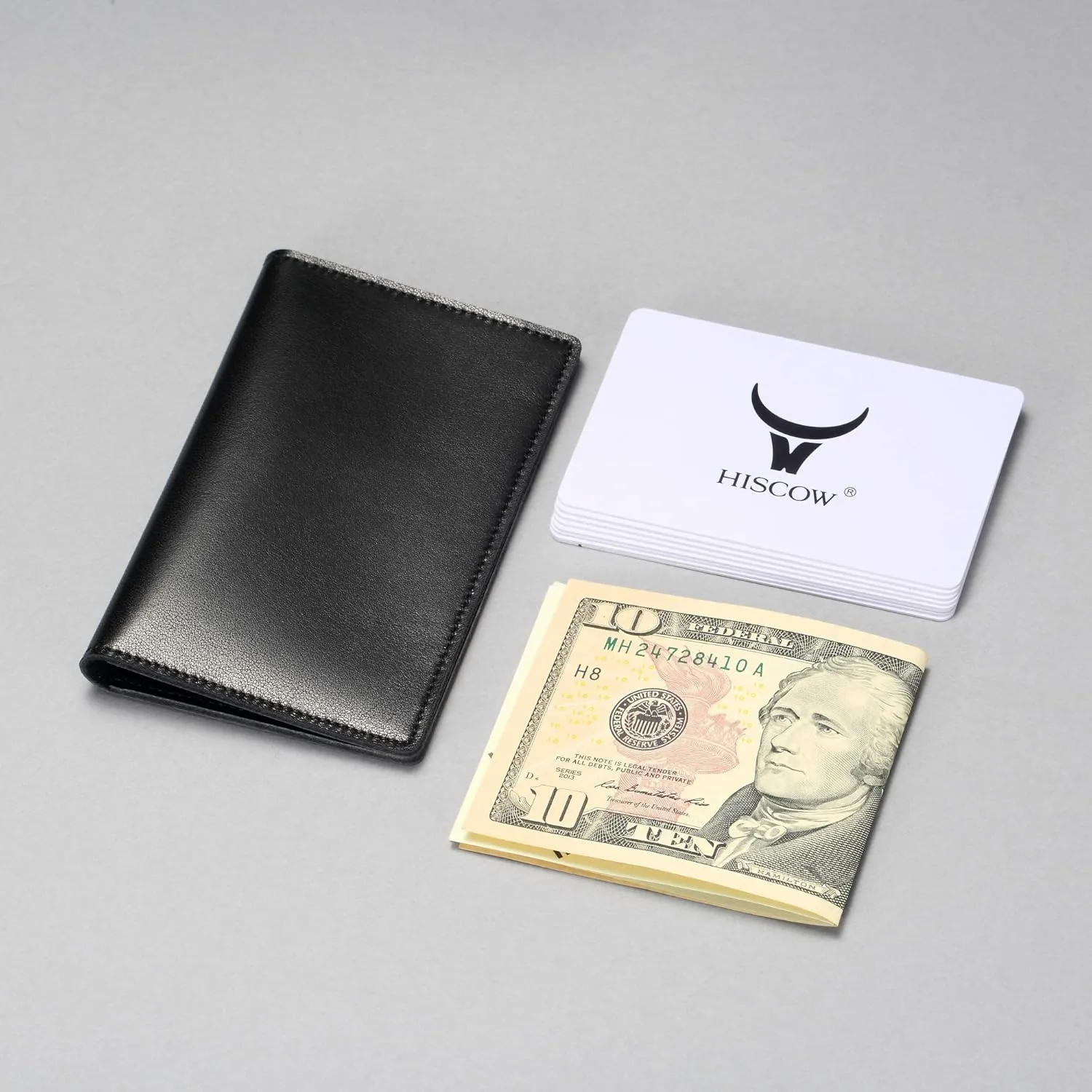 HISCOW Minimalist Thin Bifold Card Holder Italian Calfskin (Black, Gold logo), Small