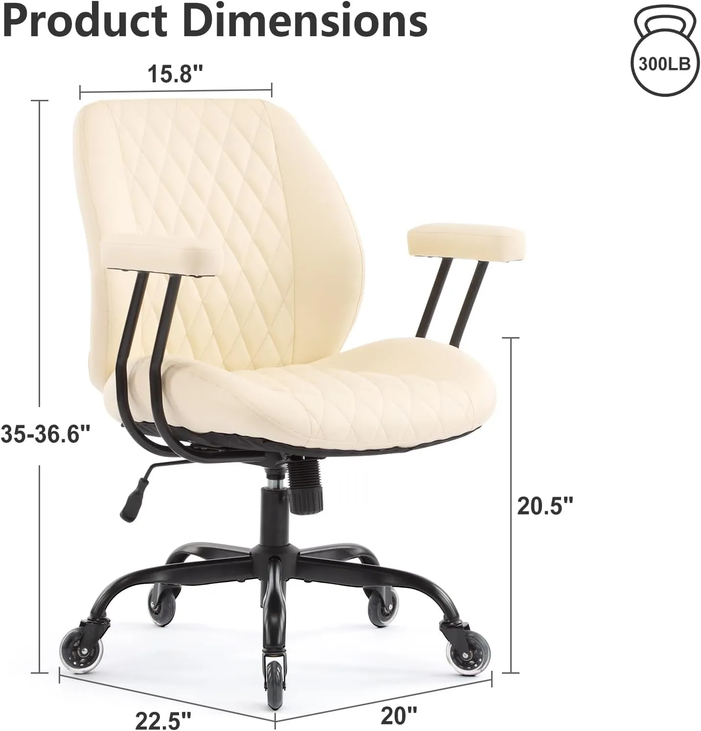 Home Office Desk Chair Office Rubber Casters Ergonomic Computer Chair with Lumbar Support Adjustable Height Rolling Swivel Executive Task Armrests Chair， White Leather