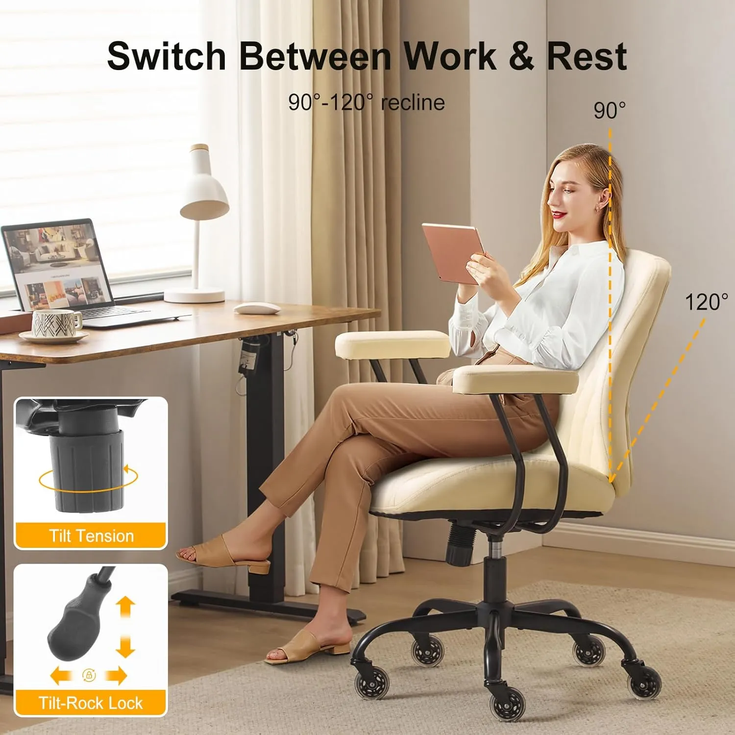 Home Office Desk Chair Office Rubber Casters Ergonomic Computer Chair with Lumbar Support Adjustable Height Rolling Swivel Executive Task Armrests Chair， White Leather