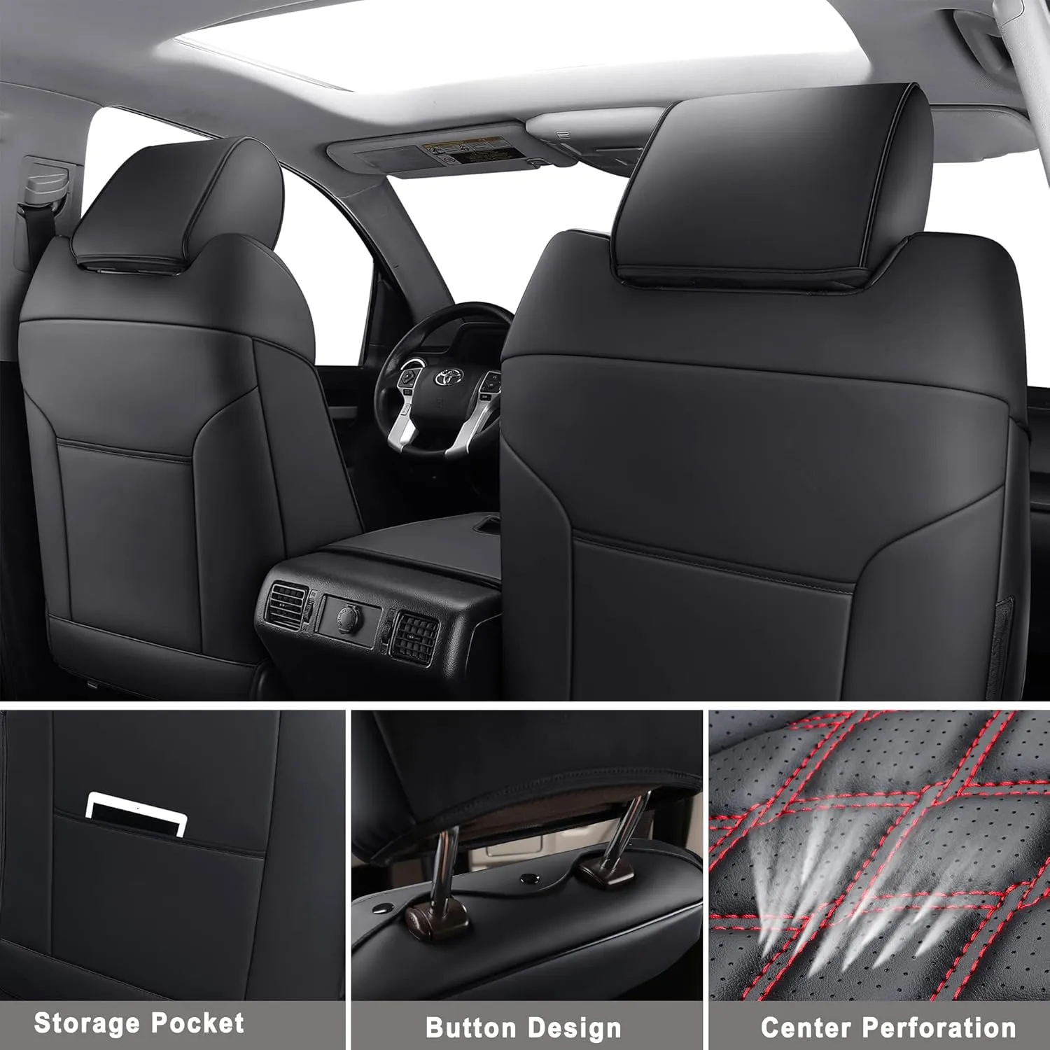 Huidasource Tacoma Seat Covers Full Set, Full Coverage Leather Truck Seat Cushion Cover Custom Fit for 2005-2015 Double & Crew Cab 2nd Gen Toyota Tacoma Base Prerunner SR5 Limited(Full Set/Black)