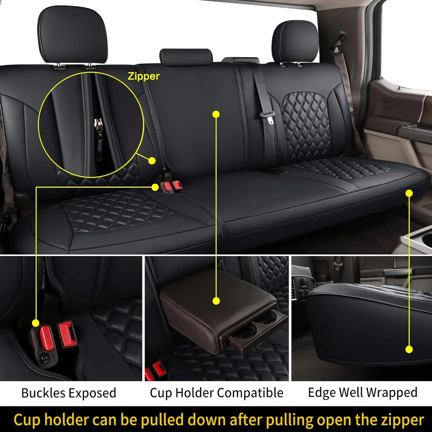 Huidasource Tacoma Seat Covers Full Set, Full Coverage Leather Truck Seat Cushion Cover Custom Fit for 2005-2015 Double & Crew Cab 2nd Gen Toyota Tacoma Base Prerunner SR5 Limited(Full Set/Black)