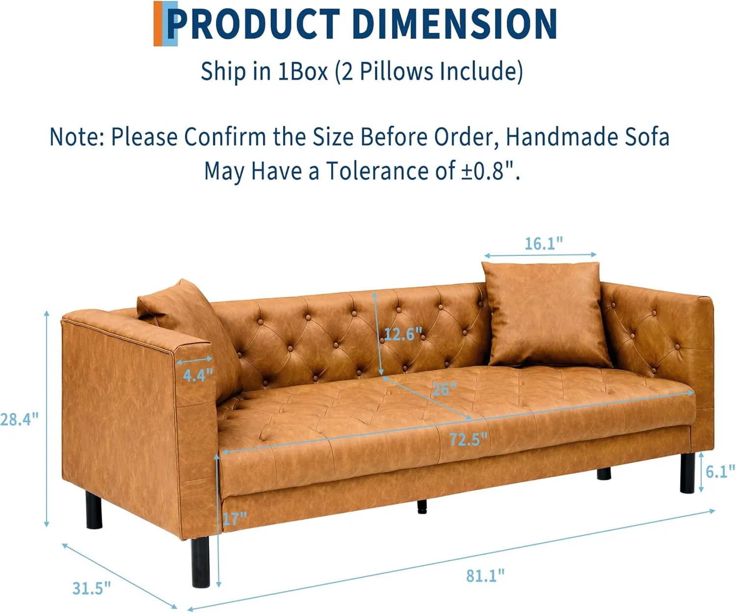 IDEALHOUSE 81" Leather Sofa, Button-Tufted 3 Seater Sofa, Mid-Century Modern Leather Couch with Deep Seat, Chesterfield Sofa for Living Room, Apartment, Office, Brown