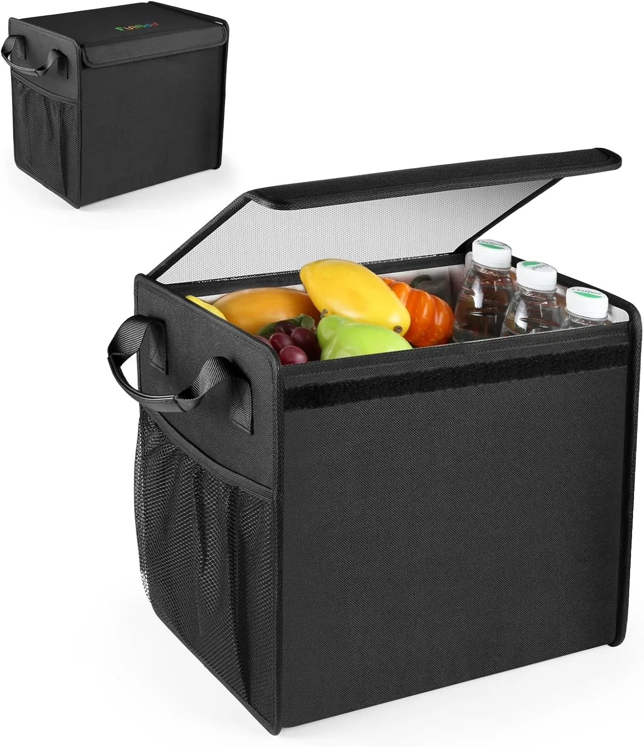 Insulated Food Delivery Bag with Hard Bottom, Collapsable Grocery Boxes with Handle, Portable Insulated Cooler Bag, Thermal Cold/Hot Carrier for Doordash/Travel/Shopping/Catering/Car Black