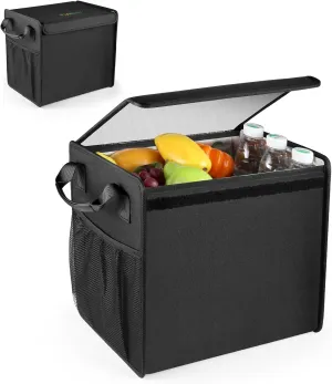 Insulated Food Delivery Bag with Hard Bottom, Collapsable Grocery Boxes with Handle, Portable Insulated Cooler Bag, Thermal Cold/Hot Carrier for Doordash/Travel/Shopping/Catering/Car Black