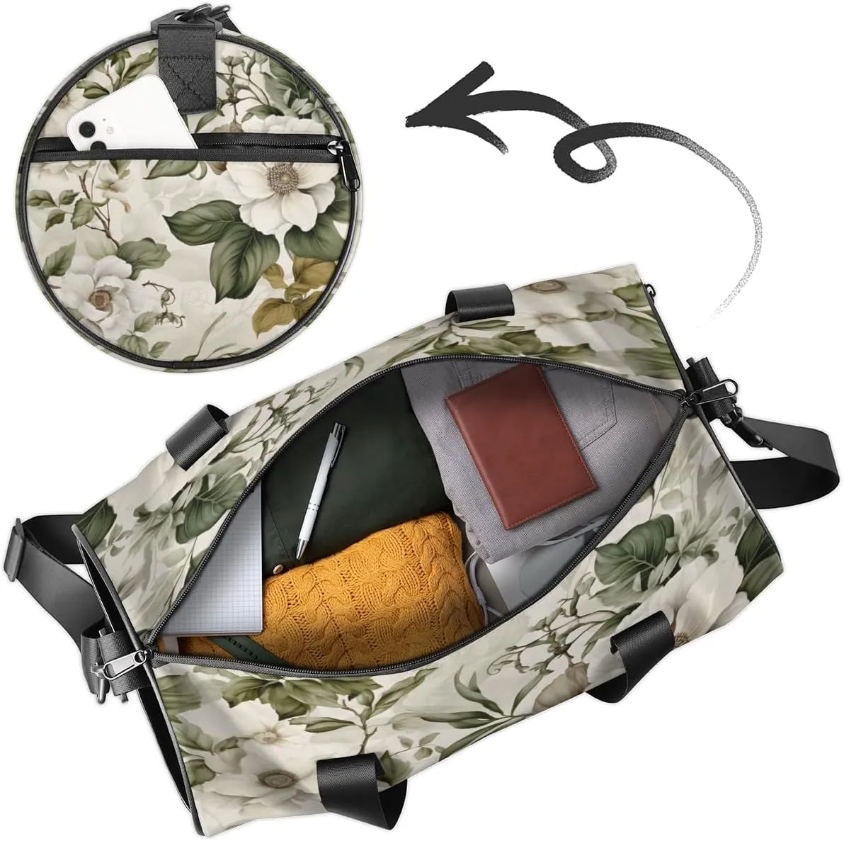 Ivory Petal Harmony Sports Duffel Bag with Shoulder Strap, Large Capacity Gym Bag with Shoe Compartment, Water Resistant Travel Duffle Bag for Men Women Travel, Sports (17.6x9x9 Inch)