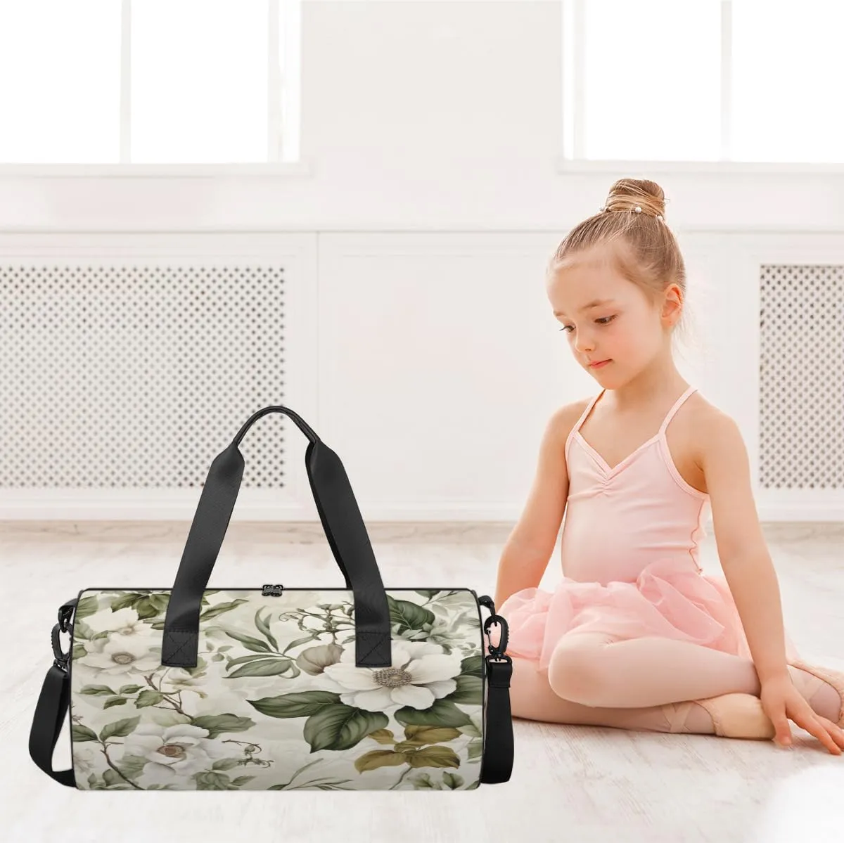 Ivory Petal Harmony Sports Duffel Bag with Shoulder Strap, Large Capacity Gym Bag with Shoe Compartment, Water Resistant Travel Duffle Bag for Men Women Travel, Sports (17.6x9x9 Inch)