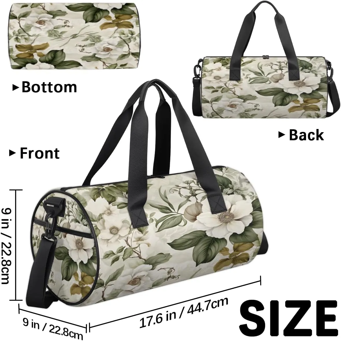 Ivory Petal Harmony Sports Duffel Bag with Shoulder Strap, Large Capacity Gym Bag with Shoe Compartment, Water Resistant Travel Duffle Bag for Men Women Travel, Sports (17.6x9x9 Inch)