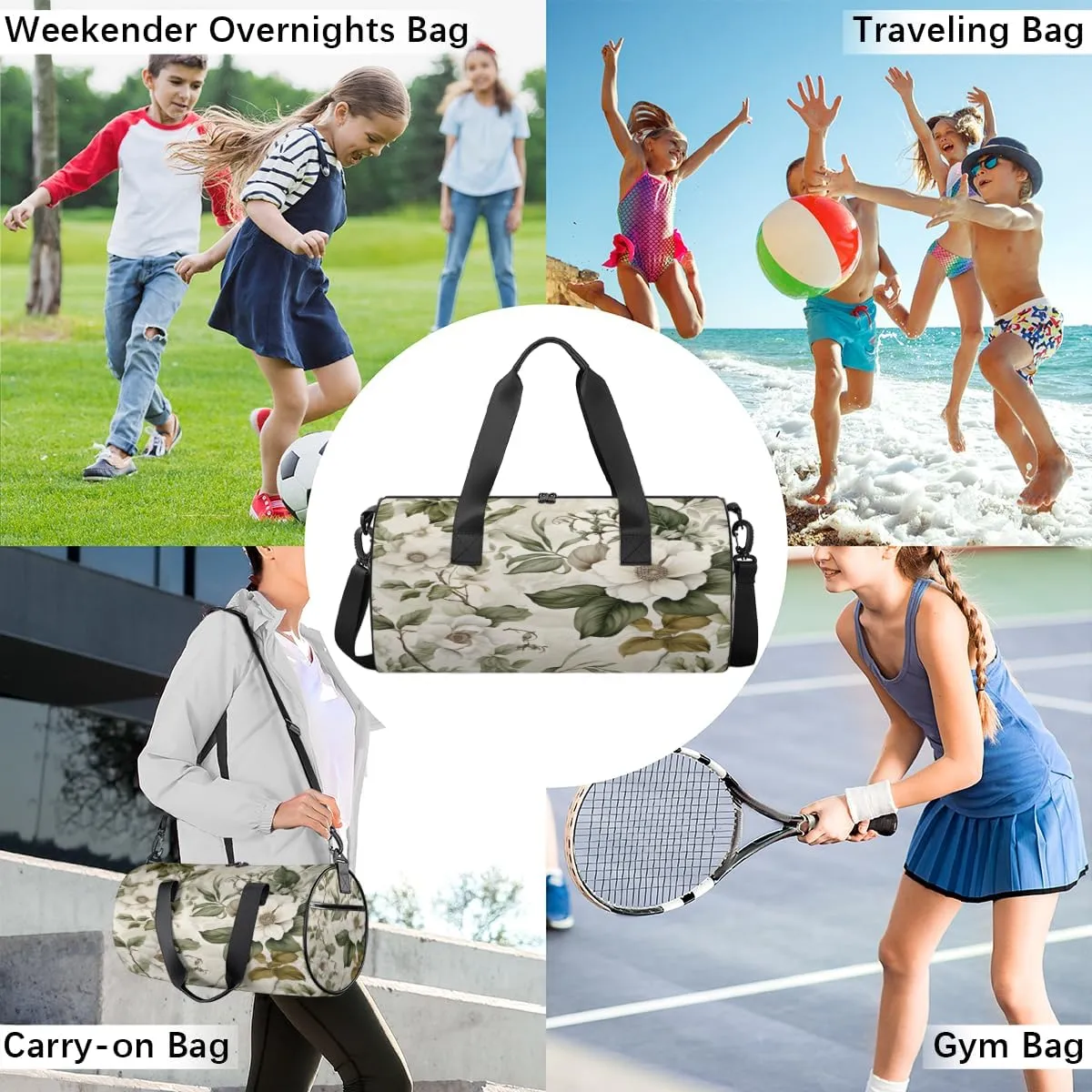 Ivory Petal Harmony Sports Duffel Bag with Shoulder Strap, Large Capacity Gym Bag with Shoe Compartment, Water Resistant Travel Duffle Bag for Men Women Travel, Sports (17.6x9x9 Inch)