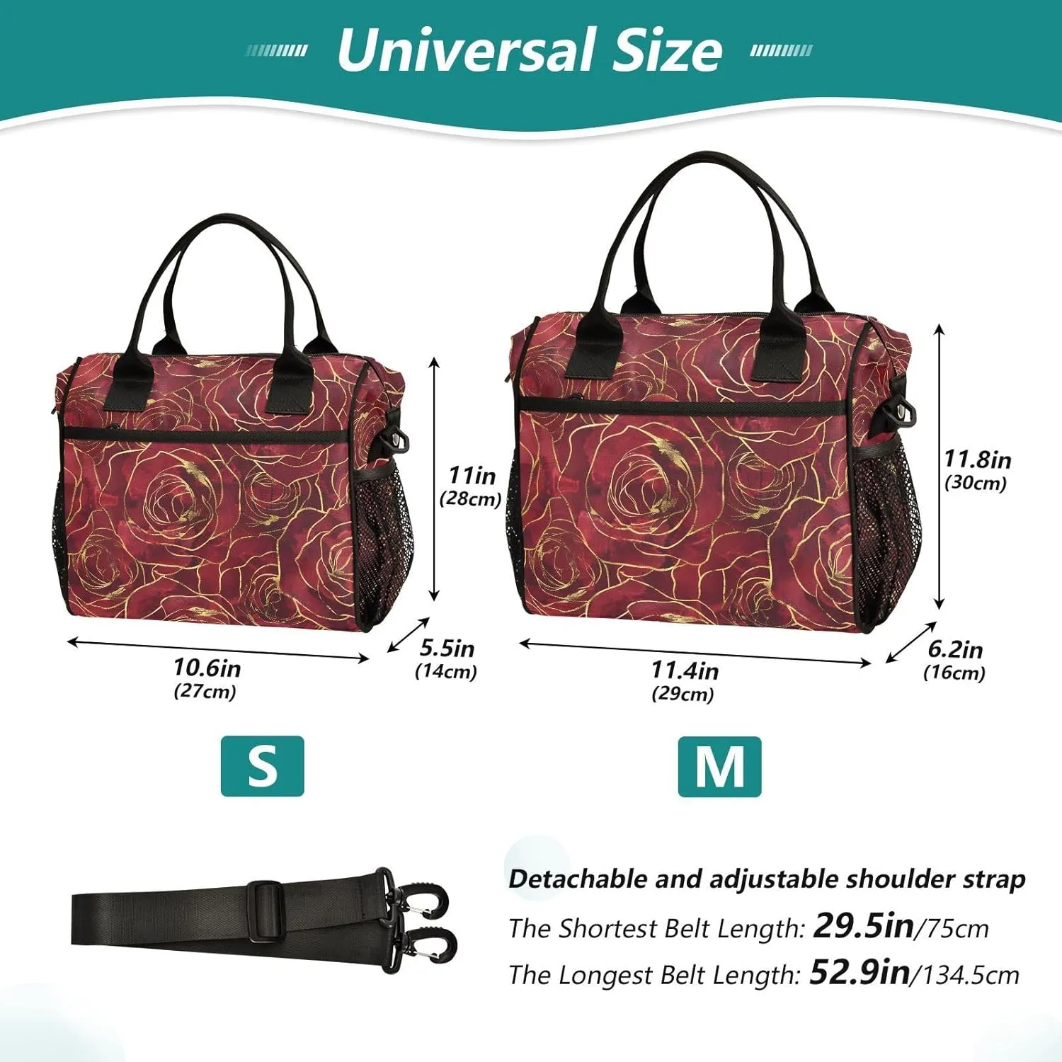 JIPONI Gold Rim Red Roses Insulated Lunch Bag for Women, Lunch Box With Adjustable Shoulder Belt Cooler Tote Bags For Work, Camping, Picnic
