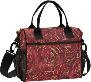 JIPONI Gold Rim Red Roses Insulated Lunch Bag for Women, Lunch Box With Adjustable Shoulder Belt Cooler Tote Bags For Work, Camping, Picnic