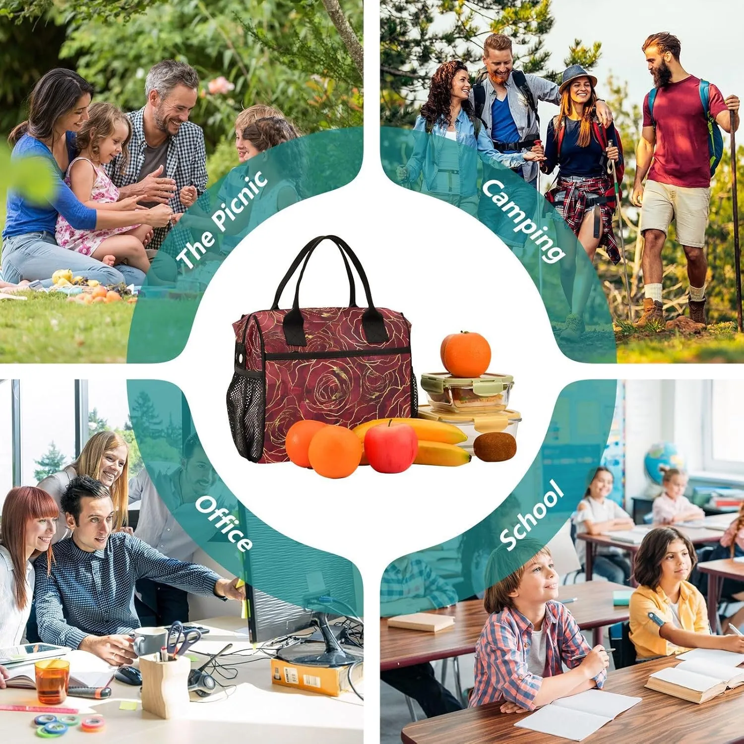 JIPONI Gold Rim Red Roses Insulated Lunch Bag for Women, Lunch Box With Adjustable Shoulder Belt Cooler Tote Bags For Work, Camping, Picnic