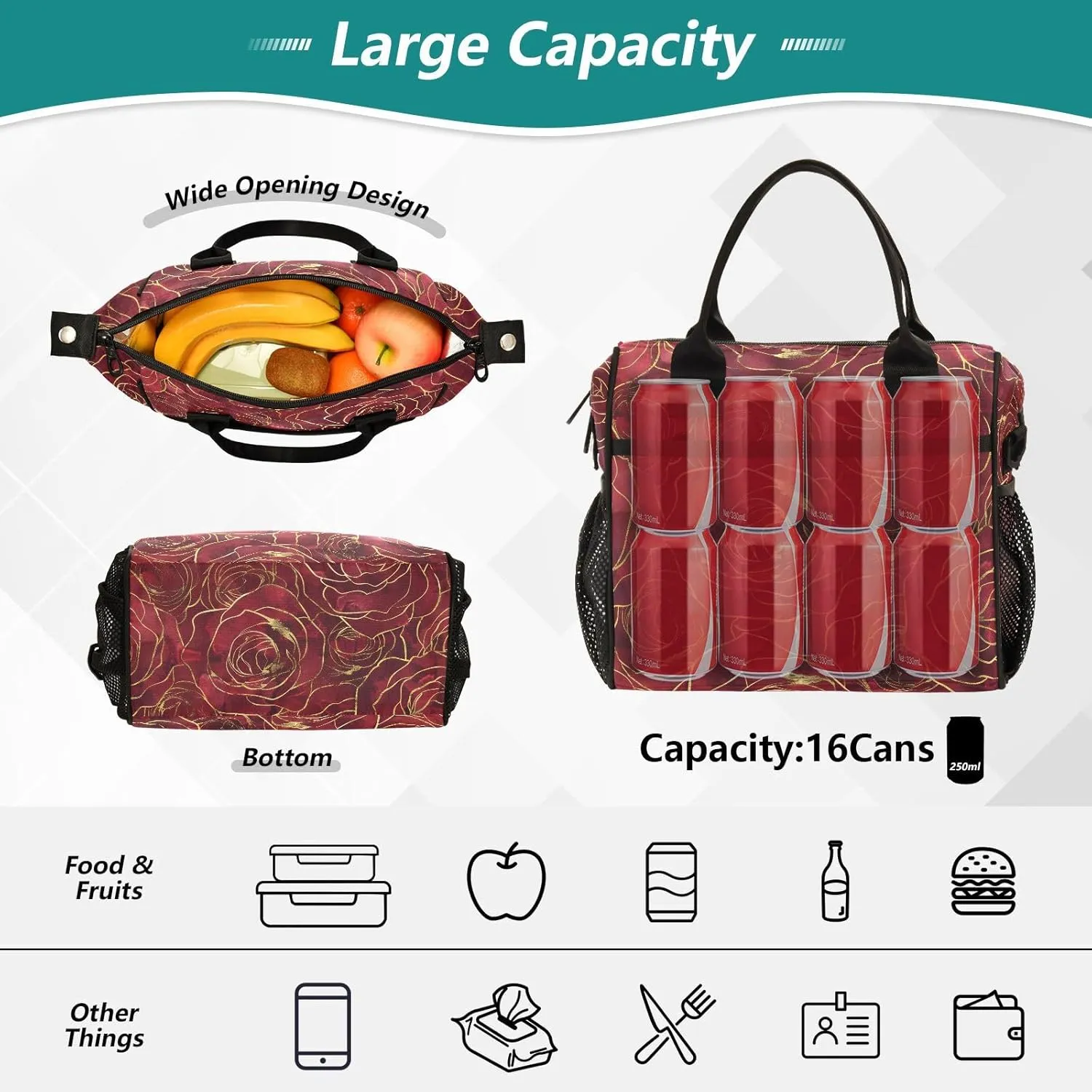 JIPONI Gold Rim Red Roses Insulated Lunch Bag for Women, Lunch Box With Adjustable Shoulder Belt Cooler Tote Bags For Work, Camping, Picnic