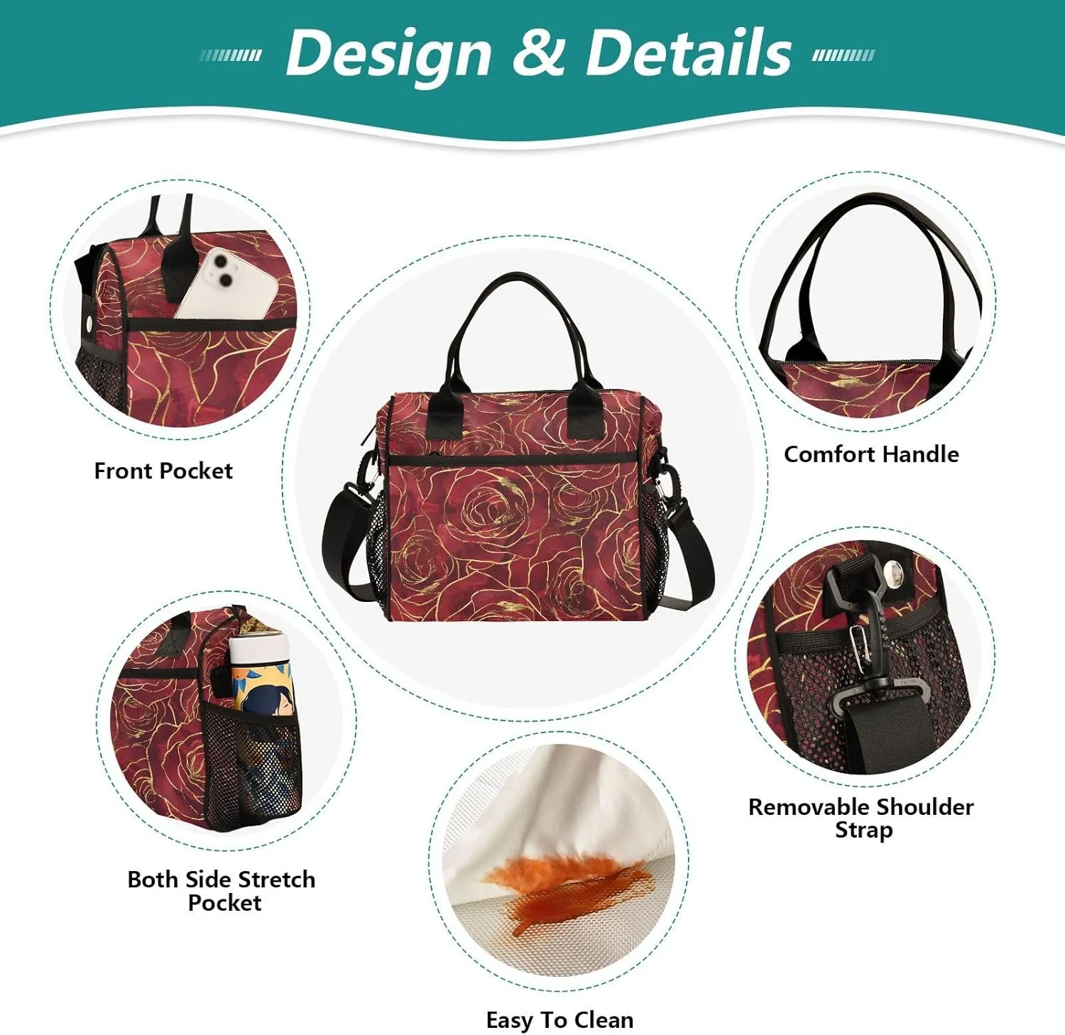 JIPONI Gold Rim Red Roses Insulated Lunch Bag for Women, Lunch Box With Adjustable Shoulder Belt Cooler Tote Bags For Work, Camping, Picnic