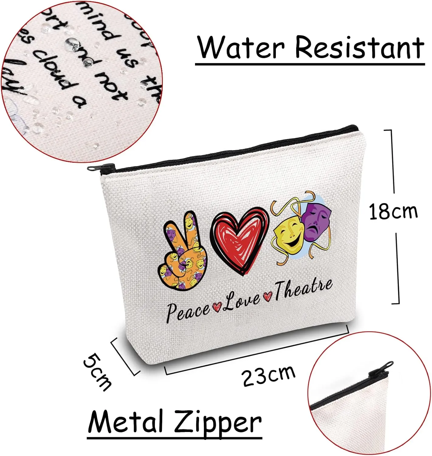 JXGZSO Drama Gift Peace Love Theatre Makeup Bag Mask Cosmetic Bag Theatre Lover Gift (Peace Love Theatre)