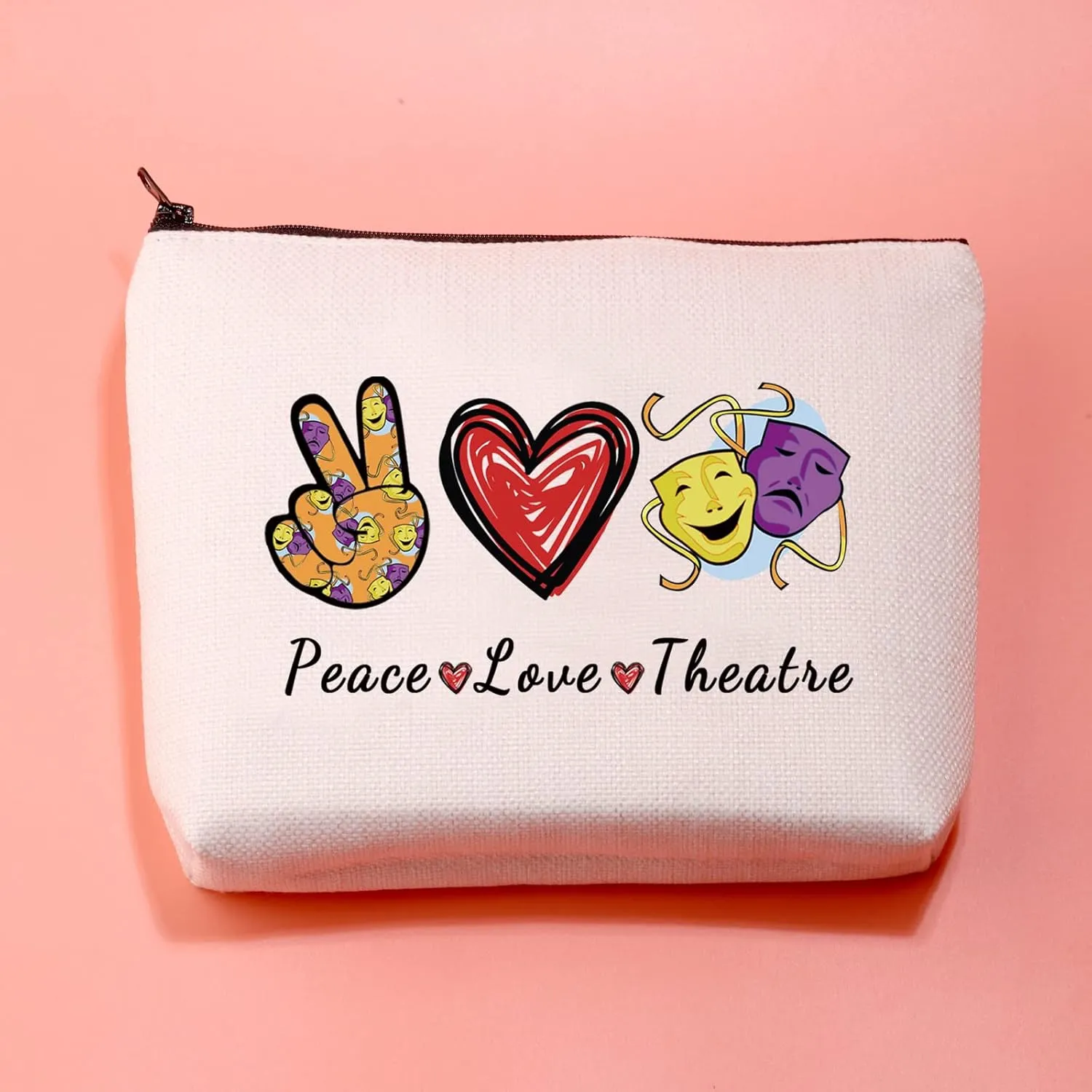 JXGZSO Drama Gift Peace Love Theatre Makeup Bag Mask Cosmetic Bag Theatre Lover Gift (Peace Love Theatre)